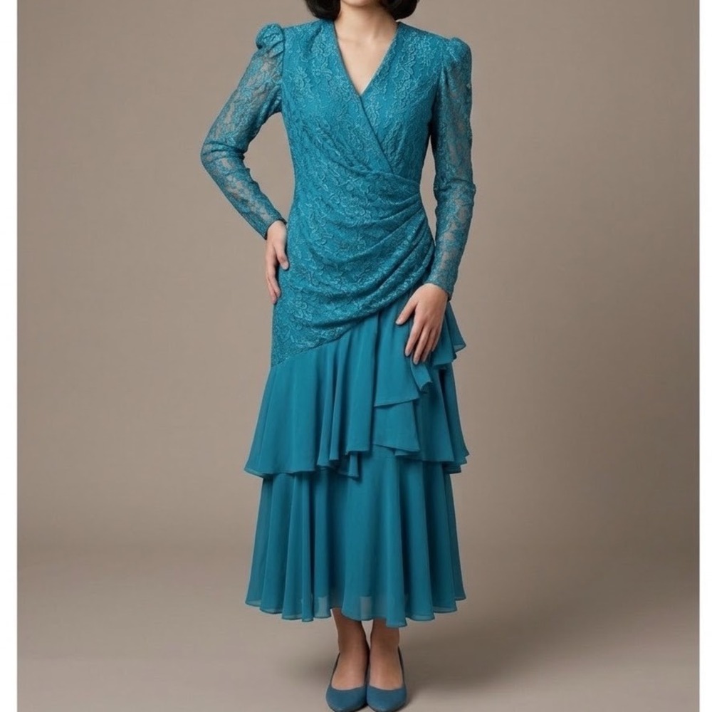 VTG 80s Floral Lace Ruched Wrap Maxi Dress Teal Blue Tiered Ruffle Prom Formal